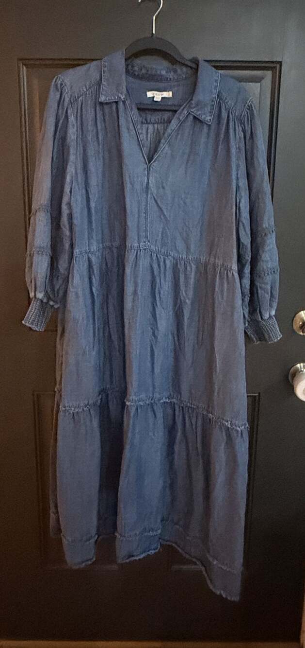 Chico's Denim Dress Size 3 US 16 Blue Tiered Long Sleeve